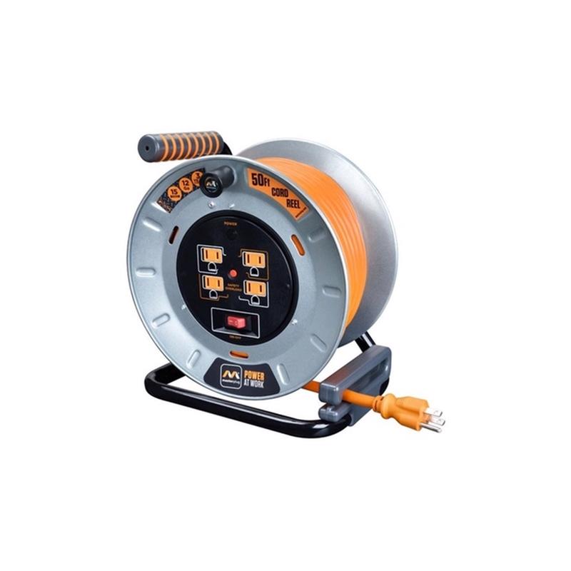 Masterplug 50ft Cord Reel, Metal Steel Cable Drum, Retractable Extension Lead with Winding Handle, Safety Overload Circuit Breaker and Power Switch, 4x Grounded Outlets, 15amps, 12AWG Cable