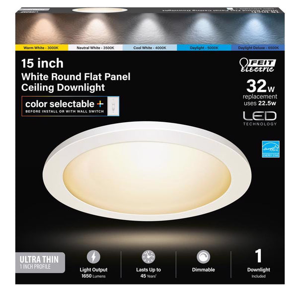Feit Electric 15in Round Flat Panel LED Ceiling Fixture, 5 Selectable Color Temperatures (3000K-6500K), Ultra-Slim Design, Dimmable, 1650 Lumens, 50,000-Hour Lifetime, 74212/6WY