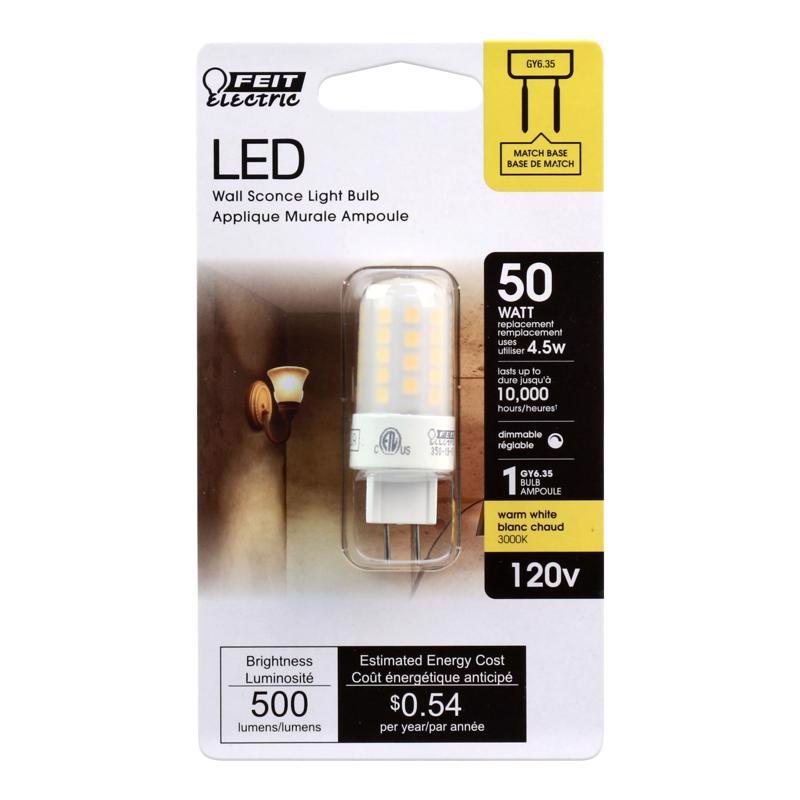 Feit Electric 50-Watt Equivalent, T4 LED Light Bulb, GY6.35 Bi-Pin Base, Dimmable, 3000k Warm White,120V for Chandeliers and Décor Light Fixtures, BP50JCD/830/LED