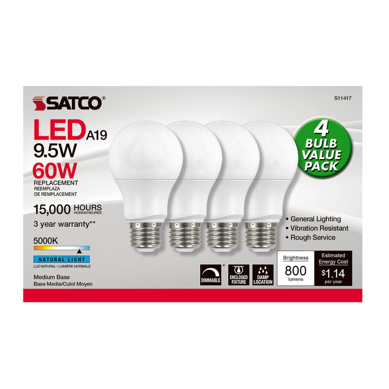 4Pk - Satco 9.5w 120v A19 LED E26 Medium Base 800 Lumens 5000k