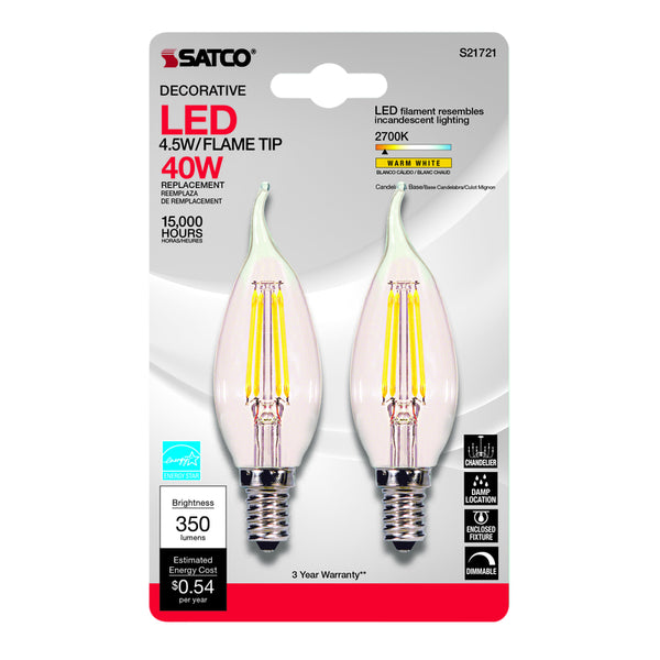 Satco S21840 4 Watt CA10 LED Bulb, Clear, Candelabra Base, 2700K, 350 Lumens, 120 Volt, 2-Pack