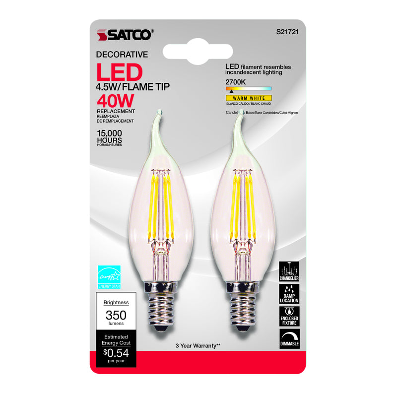 Satco S21840 4 Watt CA10 LED Bulb, Clear, Candelabra Base, 2700K, 350 Lumens, 120 Volt, 2-Pack