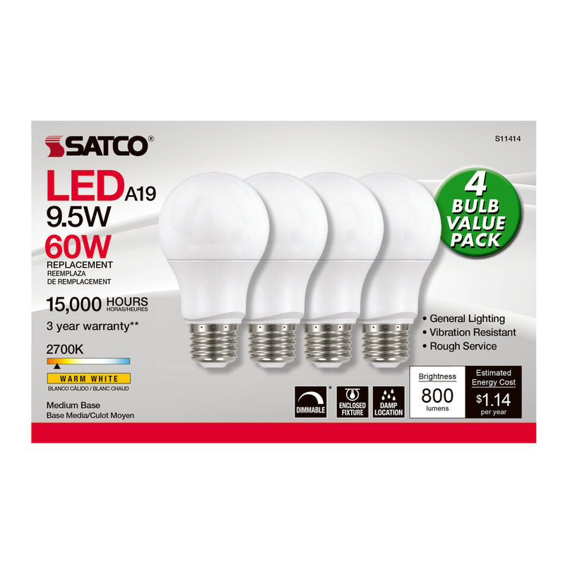 Satco 4PK 9.5w 120v A19 LED E26 Medium Base 800Lumens 2700k