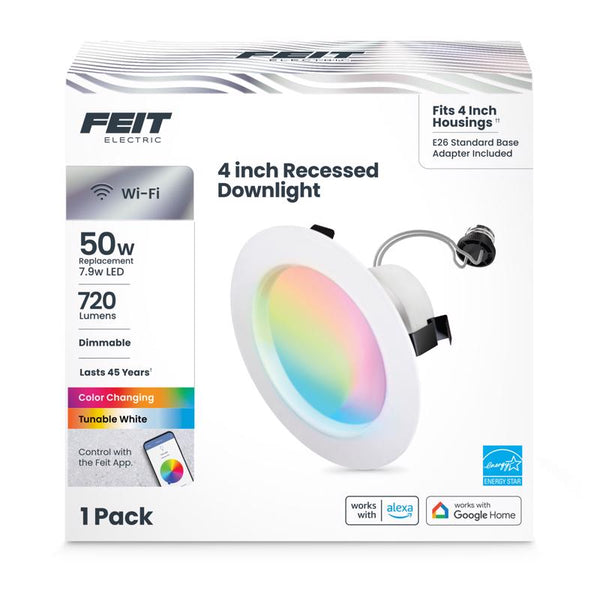 Feit Electric 4 Inch Smart Recessed Light, Color Changing and Tunable White, 2.4GHz WiFi Retrofit LED Downlight E26 Base, No Hub, Works with Alexa and Google, Dimmable 50W Equi, CRI90, LEDR4/RGBW/AG