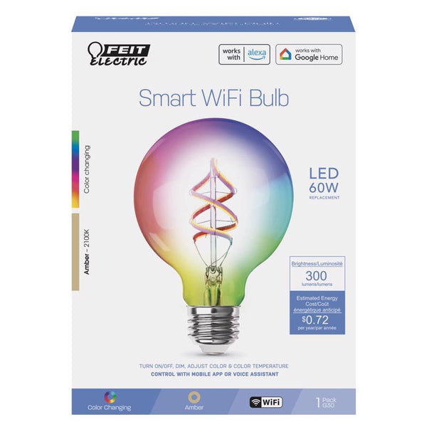 Feit Electric 60 Watt Equivalent Smart Filament Globe Bulb, Spiral Filament WiFi Dimmable, Works with Alexa and Google Assistant No Hub Required, G30 Vanity LED Smart Light Bulb G3060/RGBW/FIL/AG