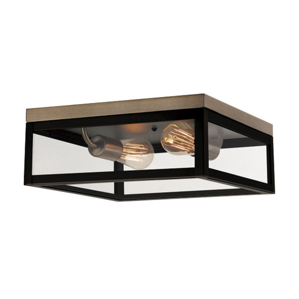 Globe Electric 65919 Verona 2-Light Flush Mount, Dark Bronze, Antique Brass Accents, 5 Clear Glass Panes, Bulb Not Included