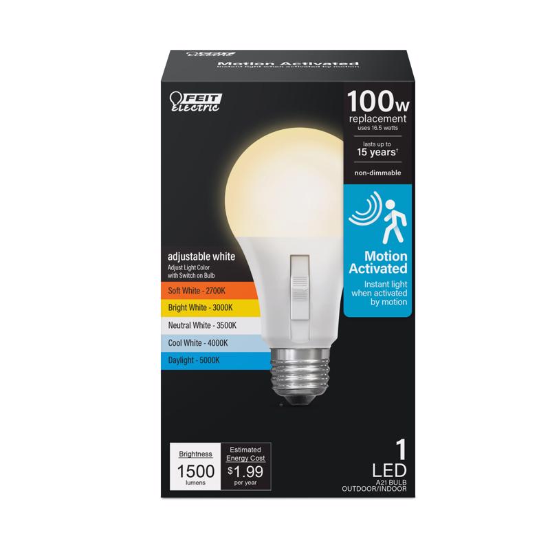Feit Electric LED Motion Sensor Light Bulb, A21 100W Equivalent, 5CCT, Non-Dimmable, E26 Base, 90 CRI, 1500 Lumens, Standard Light Bulb with Switch on Bulb, 15-Year Lifetime, OM100/5CCTCA/MM/LEDI