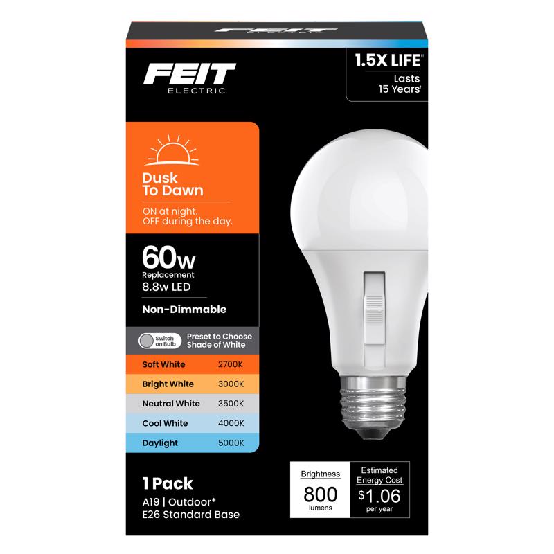 Feit Electric LED Dust-to-Dawn Light Bulb, A19 60W Equivalent, 5CCT, Non-Dimmable, E26 Medium Base, 90 CRI, 800 Lumens, Adjustable White, 13 Years Lifetime, OM60/5CCTCA/DD/LEDI
