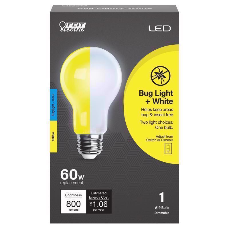 Feit Electric A19 Outdoor LED Bug Light, 60-Watt Equivalent, Dimmable, E26 Base, 800 Lumens, Color Selectable, 13 Years Lifetime, Pack of 1, OM60/BUG/950/LEDI/RP