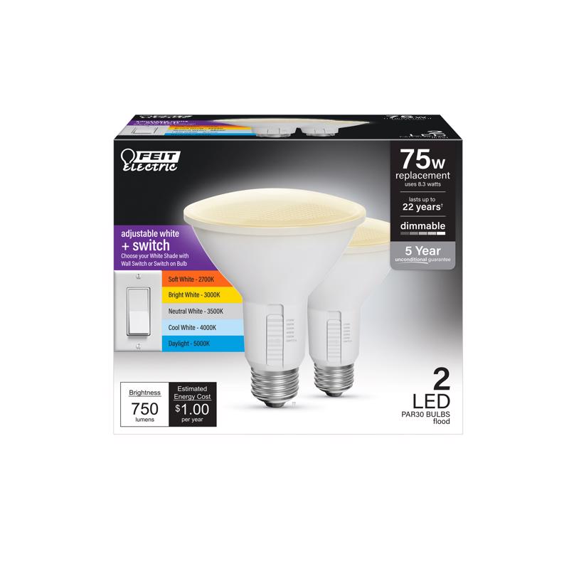 Feit Electric PAR30 LED Light Bulb, 75W Equivalent, Dimmable, Color Selectable 6-Way, E26 Medium Base, 90 CRI, 750 Lumens, Damp Rated Flood Light Bulb, 22-Year Lifetime, PAR30DM/6WYCA/2, 2 Pack