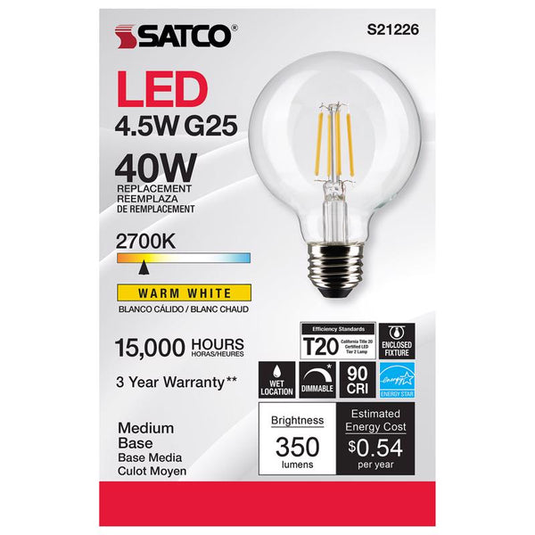 Satco S21226 4.5W LED Filament G25 Clear Globe Light Bulbs 2700K Warm White 350 Lumen E26 Medium Base Dimmable Wet Location 120V - 6 Pack