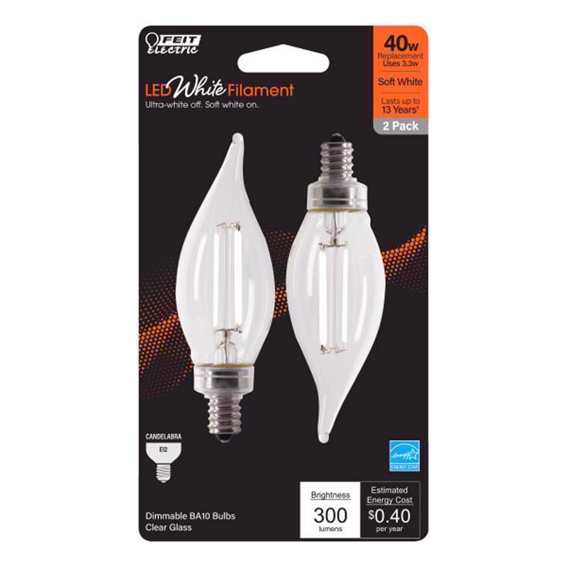Feit Electric BPCFC40927CAWFIL/2 Soft White Flame Tip Exposed White Filament LED Bulb, Box of 2 Bulbs