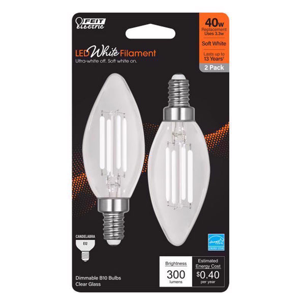 Feit LED Filament B10 E12 (Candelabra) Filament LED Bulb Soft White 40 Watt Equivalence 2 pk BPCTC40927WFIL2
