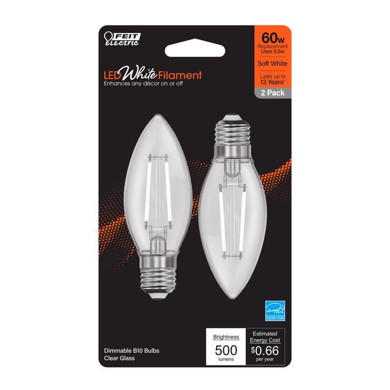 Feit Electric BPETC60927CAWFIL/2 Soft White Torpedo-Tip Exposed White Filament LED Bulb, 2 Bulbs per Pack; 5.5W; 60W Equivalent; E26 Base; 2700K; 90 CRI; 500 Lumens; 15000 Life Hours