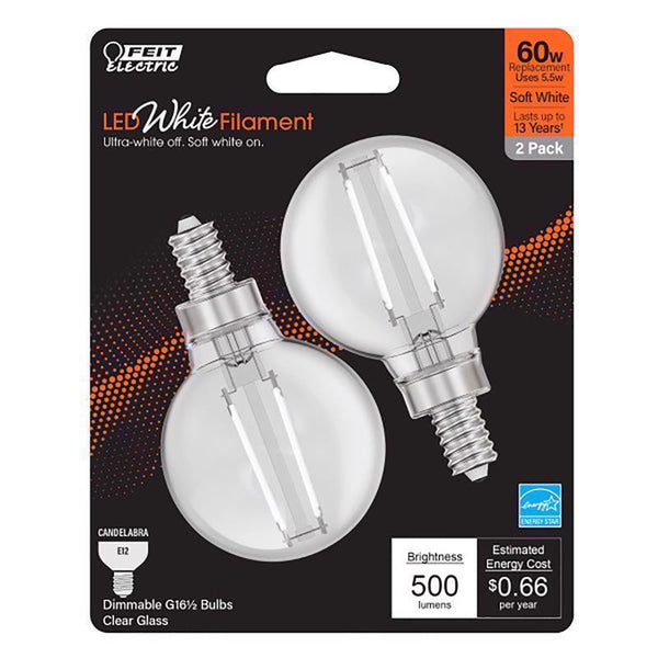 Feit Electric LED G16.5 E12 60W Sw 2PK BPG1660927WFIL2