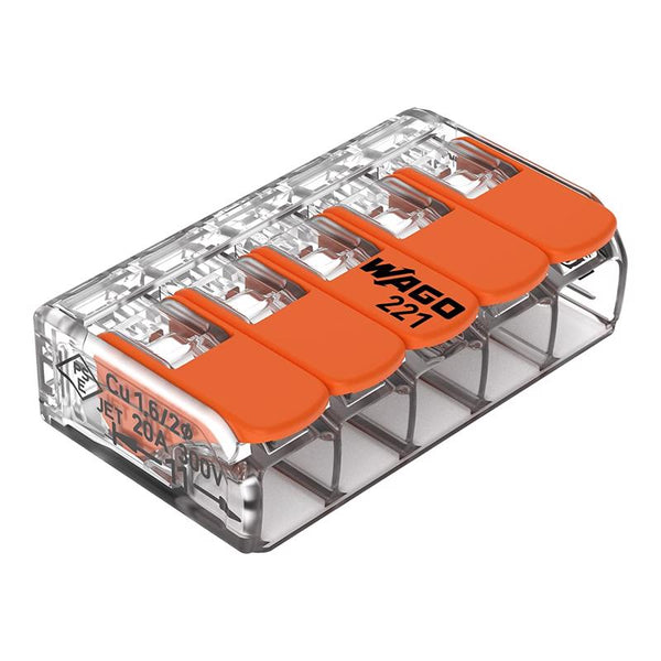 221-415 | WAGO Lever-Nuts? Splicing Connector | for Solid and Stranded Conductors | 5-Conductor with Operating levers | 24-12 AWG | Transparent housing | [Box of 25 Pieces] 0221415K00-012