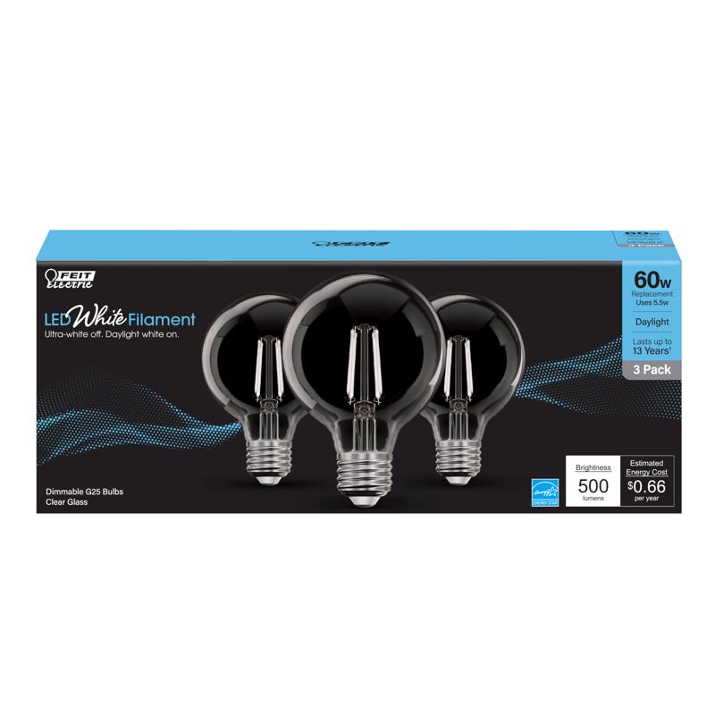 Feit Electric White Filament G25 E26 (Medium) Filament LED Bulb Daylight 60 Watt Equivalence 3 pk