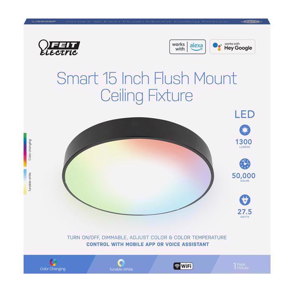 Feit Electric Smart Ceiling Light Fixture, 15'' Round Flush Mount, Color Changing, Music Sync, Works with Alexa and Google Home Asst, 30W, 1600 Lumens, Tunable White, 22-Year Lifetime, FM15/RGBW/DIM/AG