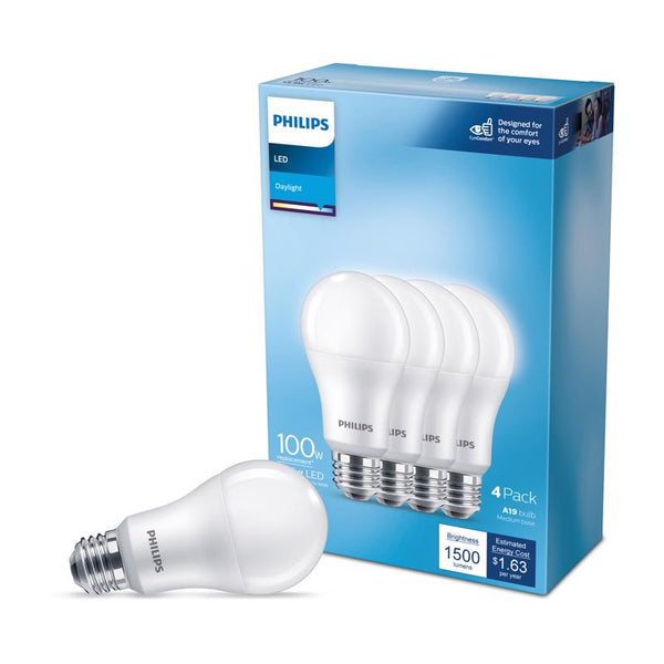 PHILIPS LED Basic Frosted Non-Dimmable A19 Light Bulb - EyeComfort Technology - 1500 Lumen - Daylight (5000K) - 13.5W=100W - E26 Base - Indoor - 4-Pack 565416