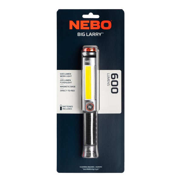 NEBO Big Larry 3 Work Light | Alkaline Batteries Included, 600 Lumens, 7 Light Modes, Magnetic COB Task Lamp & LED Flashlight, Steel Pocket Clip, Hands-Free Use, Water Resistant NEB-FLT-1041