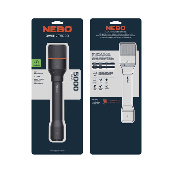 NEBO DAVINCI 5000 Flashlight & Portable Charger | 5000 Lumens, 4 Light Modes, Rechargeable, Waterproof Handheld Flashlight for Camping & Hunting, USB Power Bank, 3X Zoom, Includes Charging Cable NEB-FLT-0022