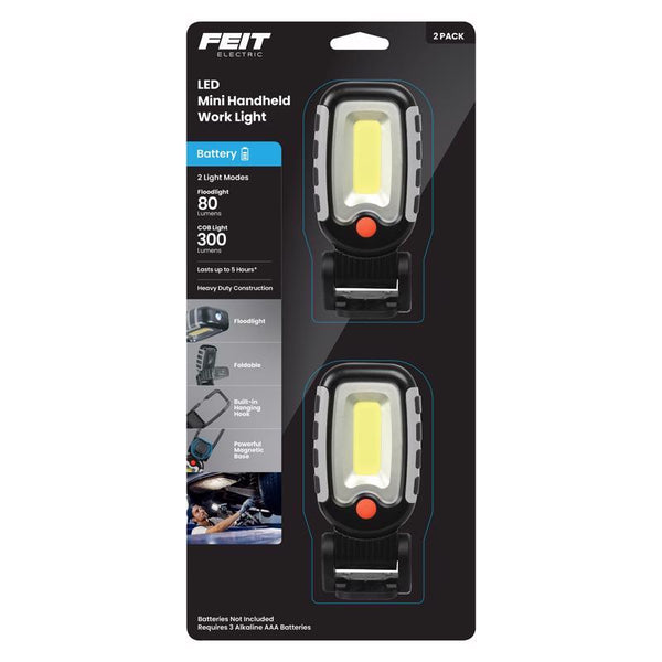 Feit Electric WORKMINI300/2 Handheld LED Work Light, 300 Lumens, 6500K Cool White, Flexible Neck, 2-Light Modes, Hook & Magnet for Hands-Free Use, Battery Operated (3 AAA), 5-Hour Run Time, 2-Pack