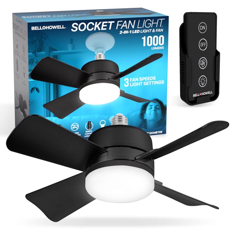 Bell+Howell Socket Breeze Deluxe, Small Ceiling Fan with LED Light and Remote, Adjustable Speeds and Brightness, Light Socket Fan for Bedroom, Kitchen, Living Room, 1000 Lumens