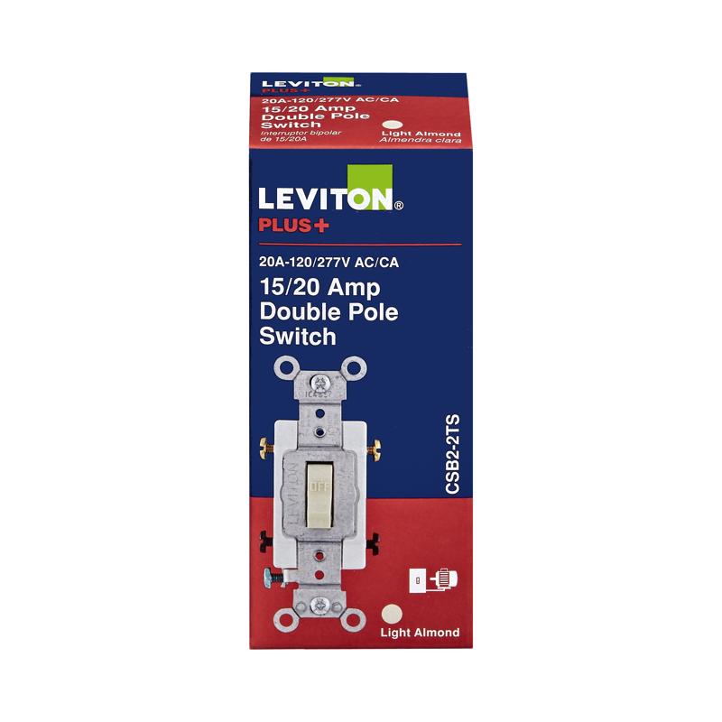 Leviton CSB2-20T 20 Amp, 120/277 Volt, Toggle Double-Pole AC Quiet Switch, Commercial Grade, Grounding, Light Almond