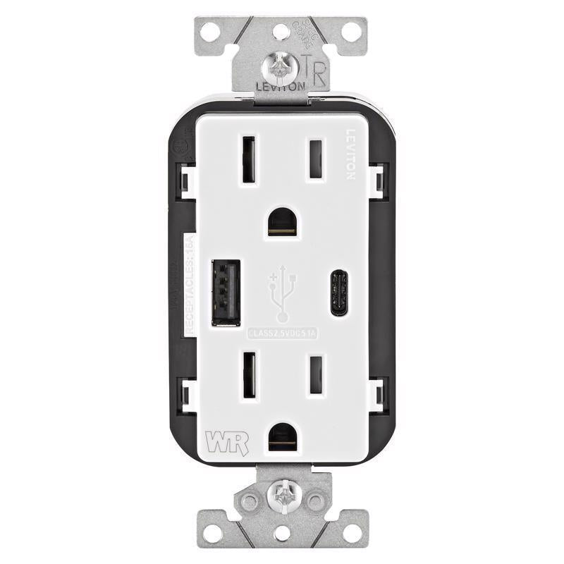 Leviton Weather-Resistant USB Receptacles with Type A and Type-C ports, 15A, White