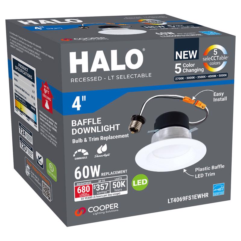 HALO LT 4-inch Indoor Integrated LED Recessed Light with Baffle Trim, Selectable 5CCT 650-Lumens, Matte White, IC Rated