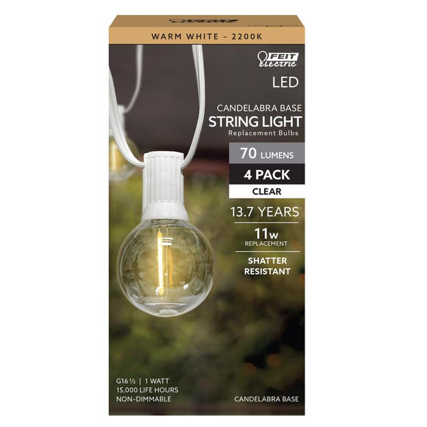 Warm White (2200K) G16 Candelabra Base (E12 Replacement) Globe String Light Bulb (4-Pack) - 1W (11W Equivalent) by Feit Electric G1612822FILED4