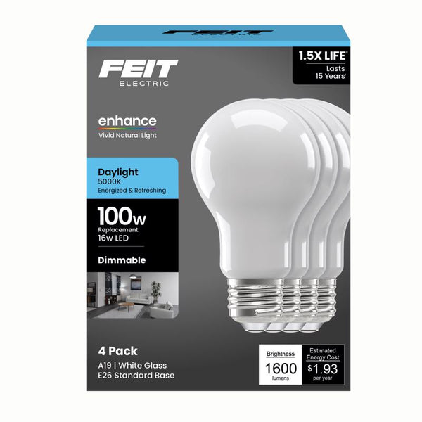 Dimmable Frosted LED Bulbs (4-Pack) - 16W Daylight (5000K) A19 E26 Base by Feit Electric A100/950FIL/4GB