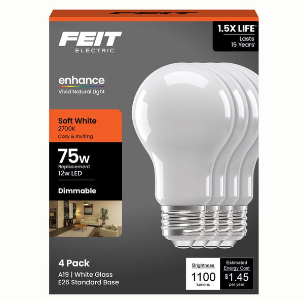 Feit Electric A19 LED Light Bulb, 75W Equivalent, 2700K Soft White, Dimmable, 1100 Lumens, 12W, E26 Base, 90+ CRI, General Purpose LED Light Bulbs, 17,000-Hour Lifetime, A1975/927CA/FIL/4/GB, 4 Pack A1975/927FIL4GB