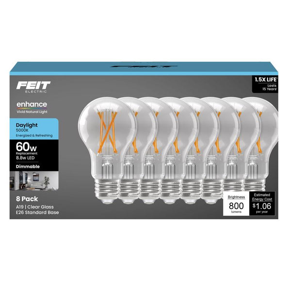 Feit Electric LED Light Bulbs 60W Equivalent, A19 Filament, 800 Lumens, 5000K Daylight, Dimmable, CRI 90+, E26 Medium Base Decorative Lighting, 17,000-Hour Lifetime, A1960CL950CAFIL/8/GB, 8 Pack A1960CL950FL8GB