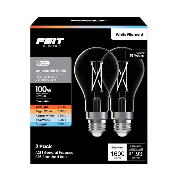 Feit Electric 16W (100W Replacement) Adjustable White Dimmable White Filament Enhanc LED Light Bulb (2-Pack) A19100CL5CCTWF2