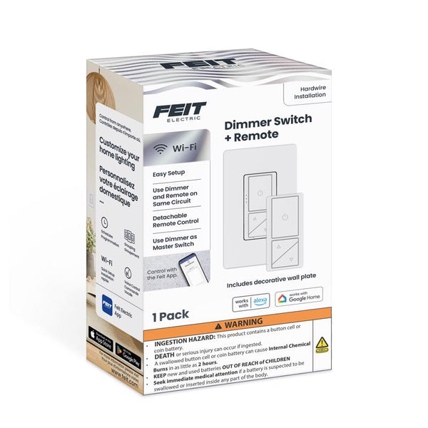 Feit Electric Smart WiFi Dimmer Switch with Remote, Single-Pole/3-Way/4-Way, Voice Control with Alexa & Google Asst, Wireless Wall-Mount Remote, App Control, Neutral Wire Required, DIM/BUTTON/WIFI