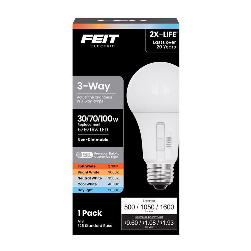 Feit Electric 3-Way A19 LED Light Bulb, 30/70/100W Equivalent, 5CCT Adjustable White (2700K–5000K), 1600 Lumens, Dimmable, 25,000-Life Hours, Energy Saving for Lamps & Fixtures, OM30/100/5CCTCA