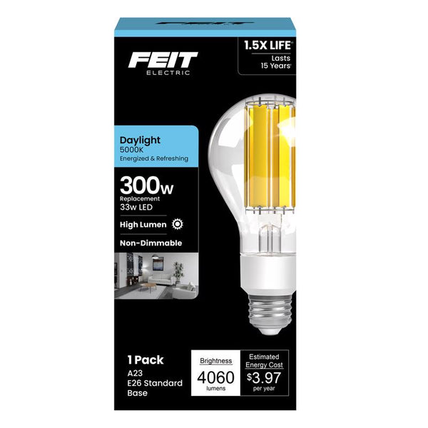 Feit Electric A23 LED Light Bulb, 33W (300W Equivalent), 4060 Lumens, 5000K Daylight, Clear Glass, Dimmable, 17,000-Hour Lifetime, Ideal for Commercial or Residential Use, OM300/CL/850/FIL
