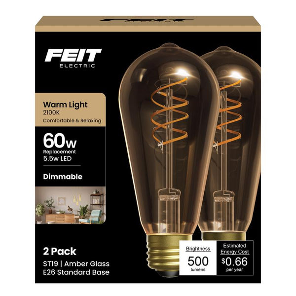 Feit Electric ST19 Vintage LED Light Bulb, 60W Equivalent, 2100K Warm Light, Spiral Filament, Amber Glass, Dimmable, Decorative Edison Bulb for Home or Commercial Use, ST1960S2D/821FILVG/2, 2 Pack ST19S2821FILVG2