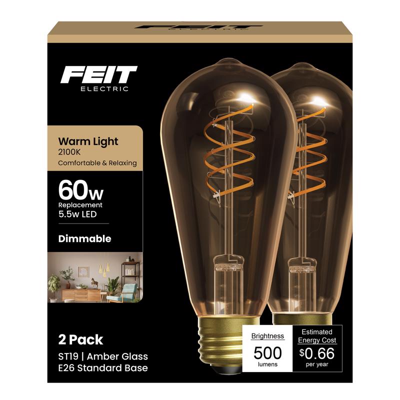 Feit Electric ST19 Vintage LED Light Bulb, 60W Equivalent, 2100K Warm Light, Spiral Filament, Amber Glass, Dimmable, Decorative Edison Bulb for Home or Commercial Use, ST1960S2D/821FILVG/2, 2 Pack