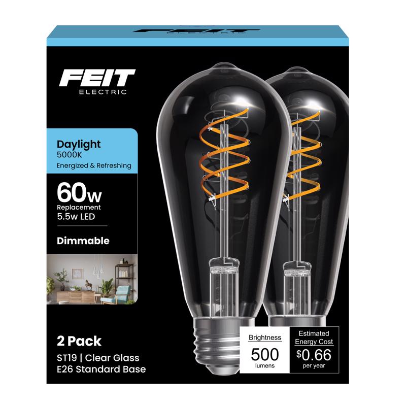 Feit Electric ST19 LED Vintage Light Bulb, 60W Equivalent, 5000K Daylight, Spiral Filament, Dimmable, Decorative Edison Style, Ideal for Fixtures and Home Décor, ST1960S2D/950CAFIL/2, 2 Pack
