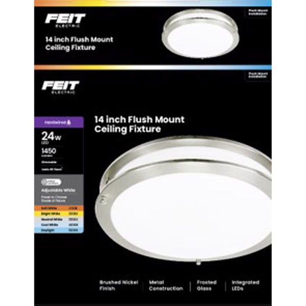 Feit Electric 14" Adjustable White LED Ceiling Light, Dimmable Flush Mount Fixture, Brushed Nickel Finish, 5 Color Temperatures, 1750 Lemens, 50,000-Hour Lifespan, FM14SAT/6WY/NK
