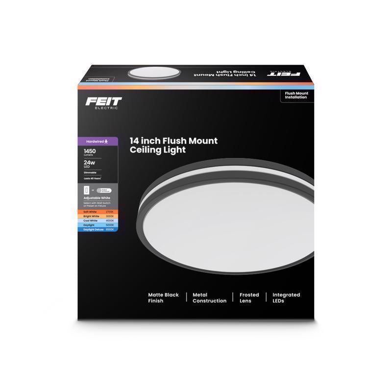 Feit Electric 14" Adjustable White LED Ceiling Fixture, Dimmable Flush Mount Light, Selectable Color Temperature, Matte Black Dual-Banded Finish, Energy Efficient, 50,000-Hour Lifespan, FM14/DR/6WY/BK