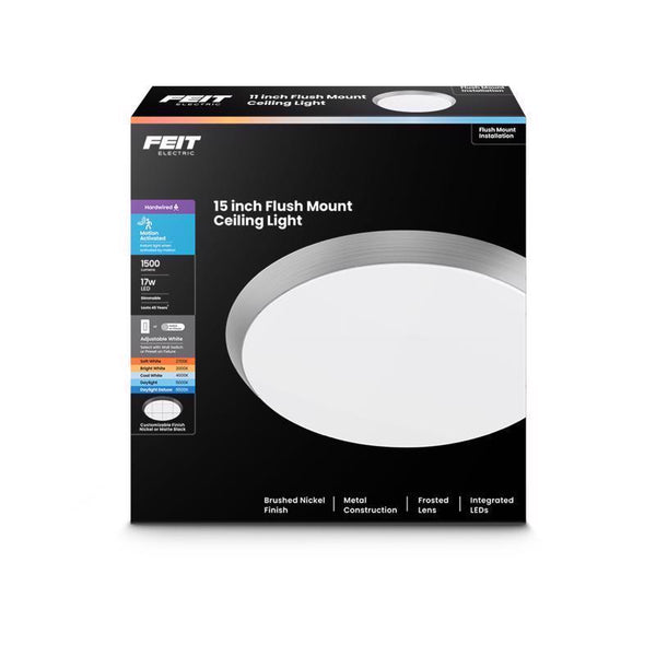 Feit Electric 15 in. Round Adjustable White Flush Mount Motion Ceiling Light, Brushed Nickel or Matte Black Trim FM15LP6WY/MMBK