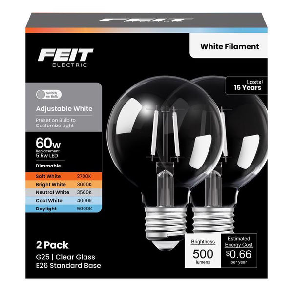 Feit Electric 5.5W (60W Replacement) Adjustable White E26 Base Globe White Filament LED Bulb (2-Pack) G2560/5CCTWFIL2