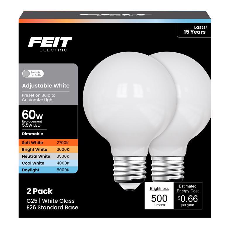 Feit Electric Enhance LED G25 Glass Filament Globe Bulb, 5CCT Adjustable White (Soft to Daylight), Dimmable, 90+ CRI, 60W Equivalent, Decorative Light for Vanity & Pendant, G2560W/5CCTCAFIL/2, 2 Pack