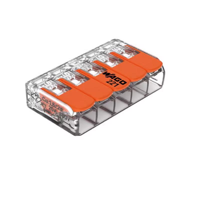 221-415 | WAGO Lever-Nuts® Splicing Connector | for Solid and Stranded Conductors | 5-Conductor with Operating levers | 24-12 AWG | Transparent housing | [Bag of 10 Pieces]