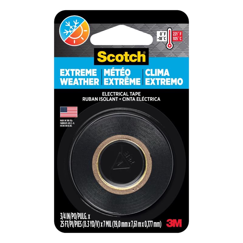 Scotch Extreme Weather Electrical Tape, 3/4-in by 25-ft, Black, 1-Roll, Tight Wraps for Cable Jacket Repair and Electrical Insulation, Flame Retardant, UL Listed and CSA Certified (16736NA)