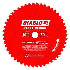 Diablo Steel Demon Cermet II Saw Blade for Medium Metal - 10" Diameter, 50 TCG Teeth, 1" Arbor, .083" Kerf, 0° Hook Angle, .071" Plate, 3000 Max RPM - D1050CF