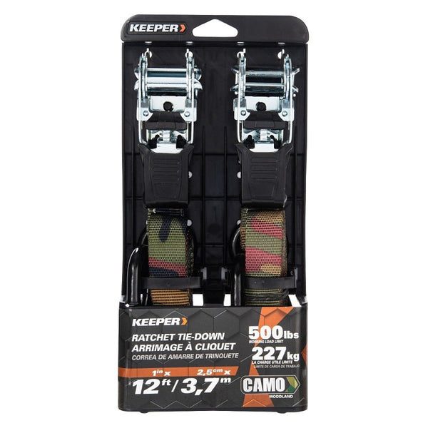HAMPTON PROD Keeper - 1" x 12' Camo Ratchet Tie-Down with S Hooks, 2 Pack - 500 lbs. Working Load Limit 03518